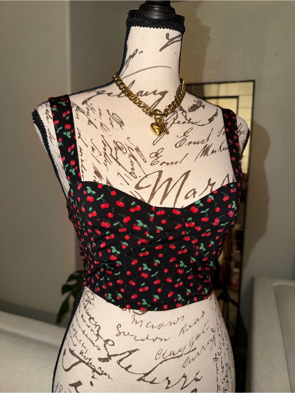 Black Cherry Print Sweetheart Crop Top